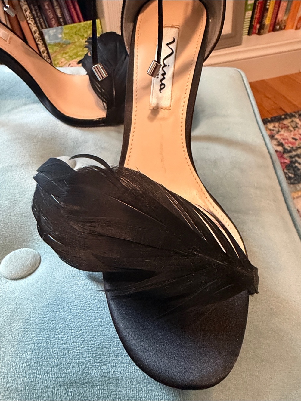 Nina Black Feather Ankle-Tie Heels - Picture 3 of 8